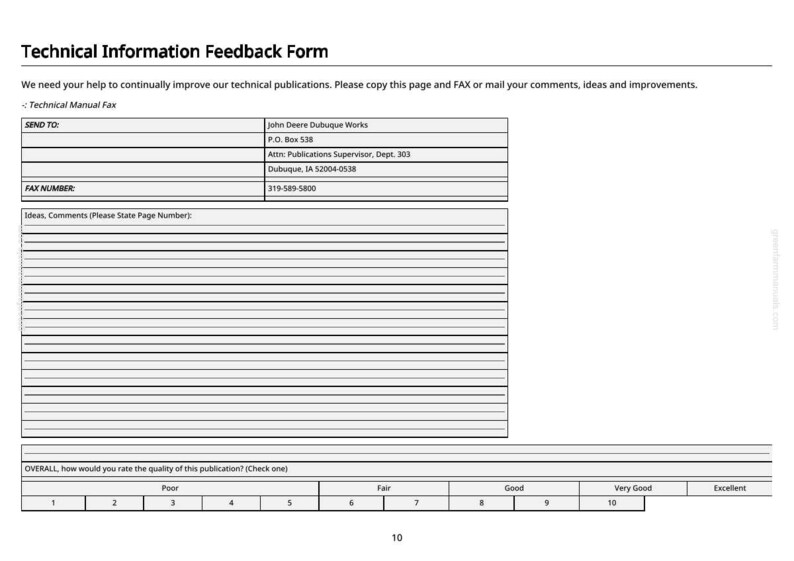 K&ouml;nnte beinhalten: Ein wei&szlig;es Formular f&uuml;r technisches Informations-Feedback mit dem Titel oben. Das Formular enth&auml;lt Abschnitte f&uuml;r Kommentare, Kontaktinformationen und eine Bewertungsskala von schlecht bis ausgezeichnet. Das Formular dient dazu, Feedback zu technischen Publikationen zu sammeln.