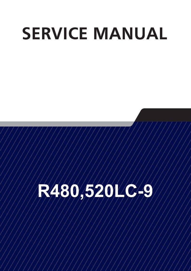 May include: A service manual with the title "SERVICE MANUAL" in bold white text at the top. The bottom section features the text "R480,520LC-9" in white. The background is a dark blue with diagonal white lines.