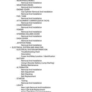 May include: A list of vehicle maintenance procedures, including removal and installation of parts like the fixed boom, inner boom, wear pads, engine cover, fuel tank, and more. The text is in black on a white background.