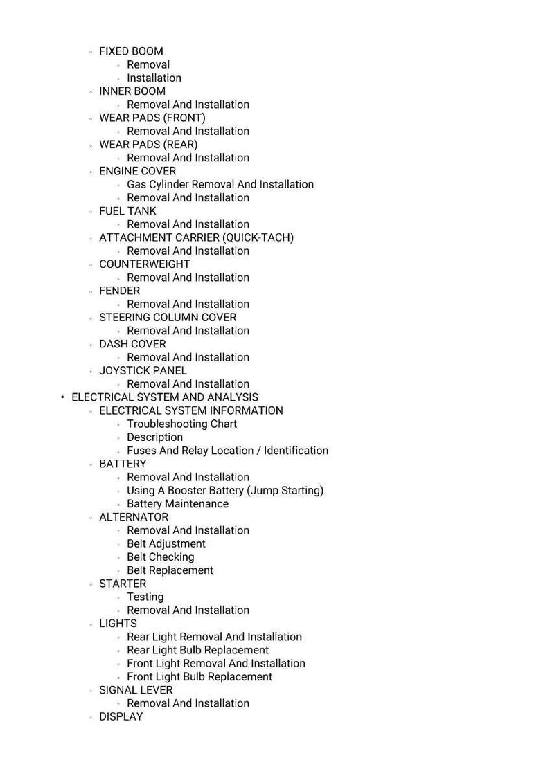 May include: A list of vehicle maintenance procedures, including removal and installation of parts like the fixed boom, inner boom, wear pads, engine cover, fuel tank, and more. The text is in black on a white background.