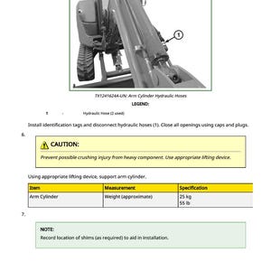 May include: Diagram of a hydraulic arm cylinder with a warning about crushing injuries. The arm cylinder weighs approximately 55 lb. Instructions include disconnecting hoses and using a lifting device.