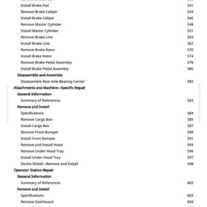 Pode incluir: Uma p&aacute;gina de manual com uma lista de procedimentos de reparo automotivo, incluindo "Remover Conjunto EPAS" e "Instalar Pastilha de Freio". O texto &eacute; preto sobre fundo branco, com n&uacute;meros de p&aacute;gina &agrave; direita.