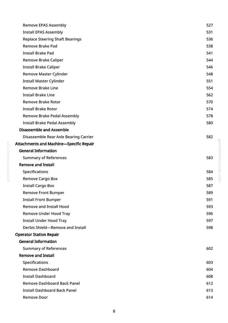 Pode incluir: Uma p&aacute;gina de manual com uma lista de procedimentos de reparo automotivo, incluindo "Remover Conjunto EPAS" e "Instalar Pastilha de Freio". O texto &eacute; preto sobre fundo branco, com n&uacute;meros de p&aacute;gina &agrave; direita.