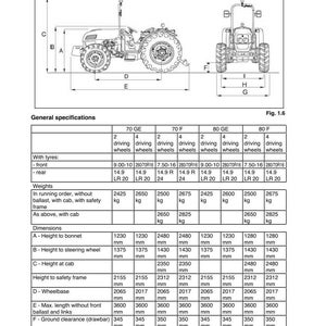 Op de afbeelding: Diagram van een tractor met afmetingen en specificaties. Het diagram bevat zij- en vooraanzichten, met metingen in millimeters voor hoogte, wielbasis en bodemvrijheid. De tekst bevat modelnummers en bandenmaten.