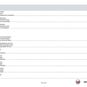 May include: A white page with a table of contents in German, English, and French. The table lists various mechanical components, including drive units, pumps, motors, axles, and brakes. The Weidemann logo is in the bottom right corner.