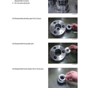 May include: Technical diagram showing the disassembly of mechanical components. Includes images of gears, plates, and washers. Text indicates steps for disassembly, including the removal of planetary gears and thrust washers.