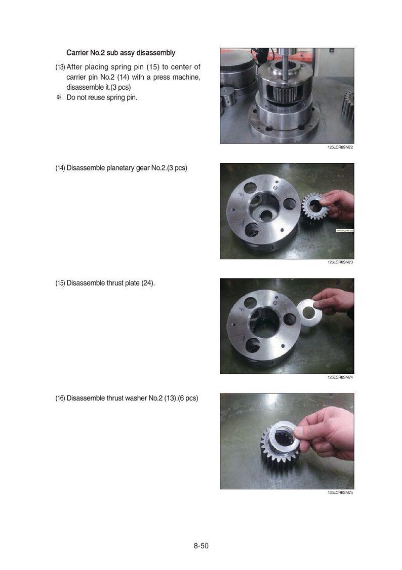 May include: Technical diagram showing the disassembly of mechanical components. Includes images of gears, plates, and washers. Text indicates steps for disassembly, including the removal of planetary gears and thrust washers.