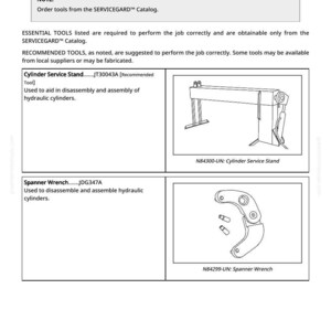 May include: Page titled "Essential or Recommended Tools" with illustrations of a Cylinder Service Stand and a Spanner Wrench. The Cylinder Service Stand is a rectangular frame with a lifting mechanism. The Spanner Wrench is a curved tool with multiple openings.