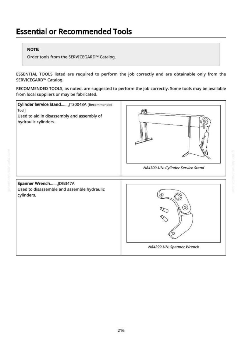 May include: Page titled "Essential or Recommended Tools" with illustrations of a Cylinder Service Stand and a Spanner Wrench. The Cylinder Service Stand is a rectangular frame with a lifting mechanism. The Spanner Wrench is a curved tool with multiple openings.