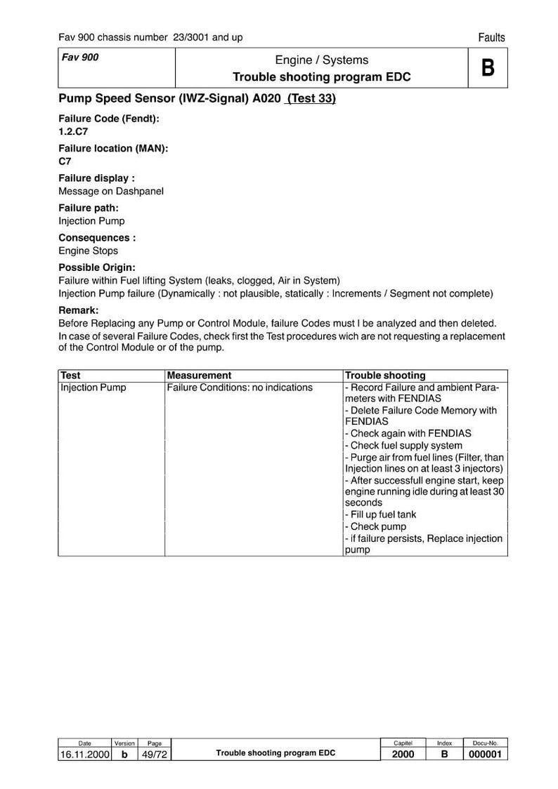 May include: A technical document detailing troubleshooting for a pump speed sensor. It lists failure codes, potential causes, and a series of tests and measurements. The text is black on a white background.
