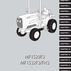 May include: Line drawing of a white tractor with black tires and a roll bar. The text "MF1529F3" and "MF1532F3/FH3" are below the tractor. Chapter titles are listed on the right side.