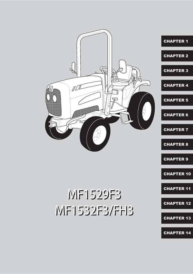 May include: Line drawing of a white tractor with black tires and a roll bar. The text "MF1529F3" and "MF1532F3/FH3" are below the tractor. Chapter titles are listed on the right side.