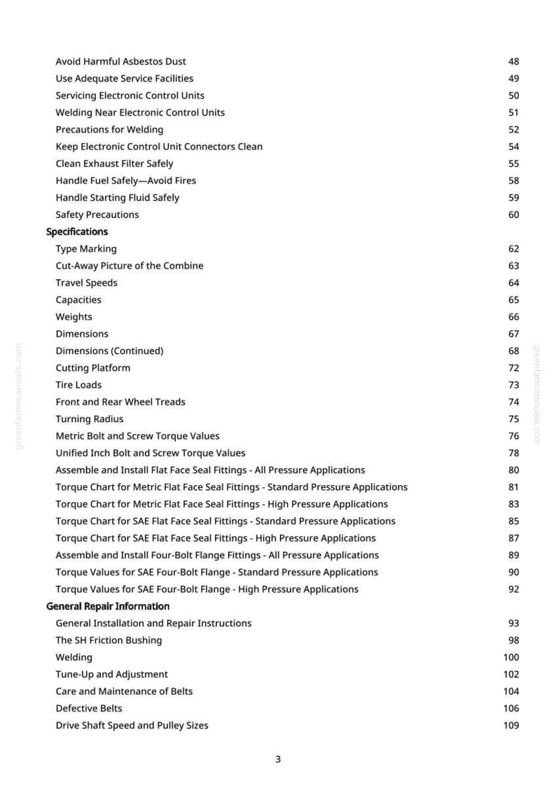 K&ouml;nnte beinhalten: Eine Seite aus einem Handbuch mit einer Liste von Spezifikationen und allgemeinen Reparaturinformationen. Der Text umfasst Themen wie &bdquo;Sch&auml;dlichen Asbeststaub vermeiden&ldquo;, &bdquo;Abmessungen&ldquo; und &bdquo;Drehmomenttabelle f&uuml;r metrische Flachdichtungen&ldquo;. Die Seitenzahl ist 3.