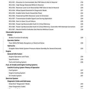 May include: A page from a manual with a list of diagnostic codes and system descriptions. The text includes codes like RCU 045, RCU 047, and RCU 048, along with observable symptoms and engine information.