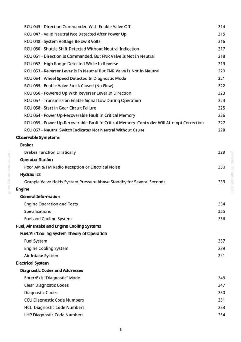 May include: A page from a manual with a list of diagnostic codes and system descriptions. The text includes codes like RCU 045, RCU 047, and RCU 048, along with observable symptoms and engine information.