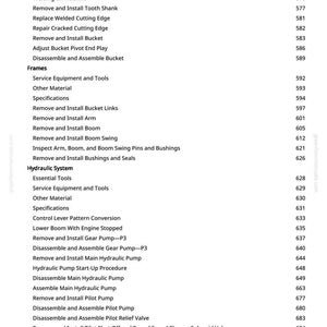 May include: A detailed list of specifications and procedures for a hydraulic system, including tasks like removing and installing components, and adjusting various parts. The text is in black font on a white background.