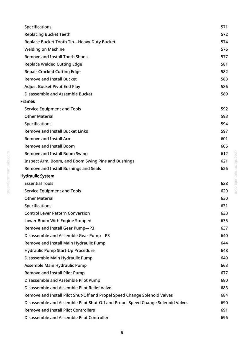 May include: A detailed list of specifications and procedures for a hydraulic system, including tasks like removing and installing components, and adjusting various parts. The text is in black font on a white background.