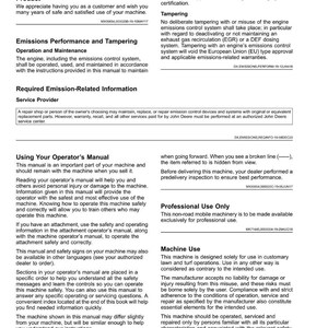 May include: A page from a John Deere machine manual, featuring sections on emissions, operation, and safety. The manual includes text and diagrams, with headings like "Introduction" and "Machine Use."