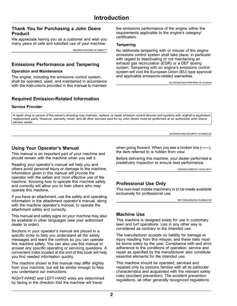 May include: A page from a John Deere machine manual, featuring sections on emissions, operation, and safety. The manual includes text and diagrams, with headings like "Introduction" and "Machine Use."