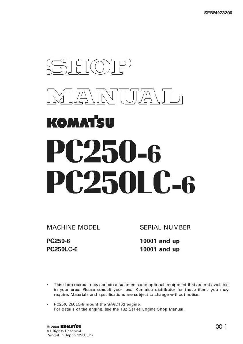 Puede incluir: Una portada de manual de taller blanca con el logotipo de Komatsu y el texto "PC250-6 PC250LC-6". El manual incluye informaci&oacute;n sobre el modelo de m&aacute;quina y el n&uacute;mero de serie. La portada tambi&eacute;n tiene el texto "SHOP MANUAL".