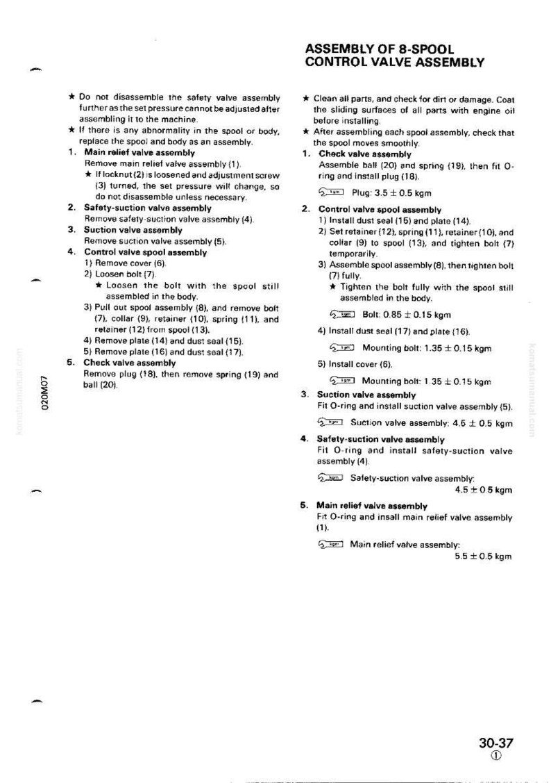 May include: Assembly instructions for an 8-spool control valve. The document includes diagrams and steps for assembling and disassembling the valve, with measurements in kgm. Text includes safety warnings.