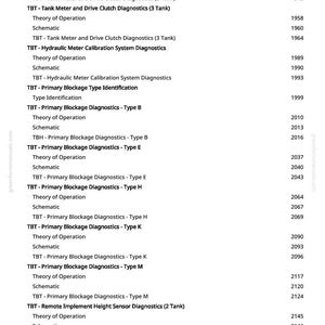 Pode incluir: Um documento branco com uma lista de termos t&eacute;cnicos e n&uacute;meros. Inclui termos como "Tank Meter Diagnostics" e "Primary Blockage Diagnostics". Os n&uacute;meros parecem ser refer&ecirc;ncias de p&aacute;gina.
