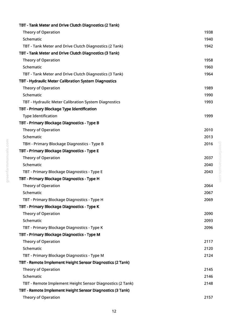 Pode incluir: Um documento branco com uma lista de termos t&eacute;cnicos e n&uacute;meros. Inclui termos como "Tank Meter Diagnostics" e "Primary Blockage Diagnostics". Os n&uacute;meros parecem ser refer&ecirc;ncias de p&aacute;gina.