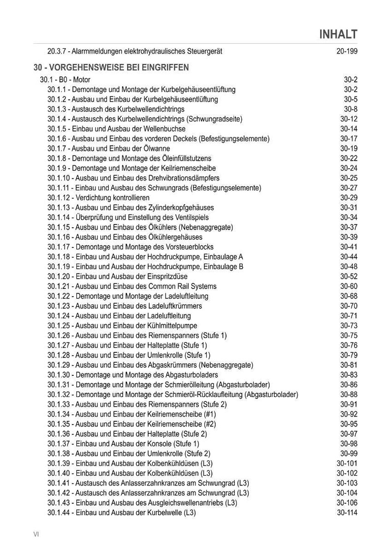 May include: A detailed table of contents from a technical manual, featuring a list of procedures for engine components. The text is in German, with headings and subheadings for various engine maintenance tasks.