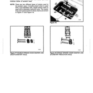 Puede incluir: P&aacute;gina de manual de taller con diagramas de eslabones maestros de cadena y componentes de eje t&aacute;ndem. Incluye las figuras 76, 77 y 78, con texto que describe los tipos de cadena e instrucciones de instalaci&oacute;n. La p&aacute;gina es de kumalsumanual.com.