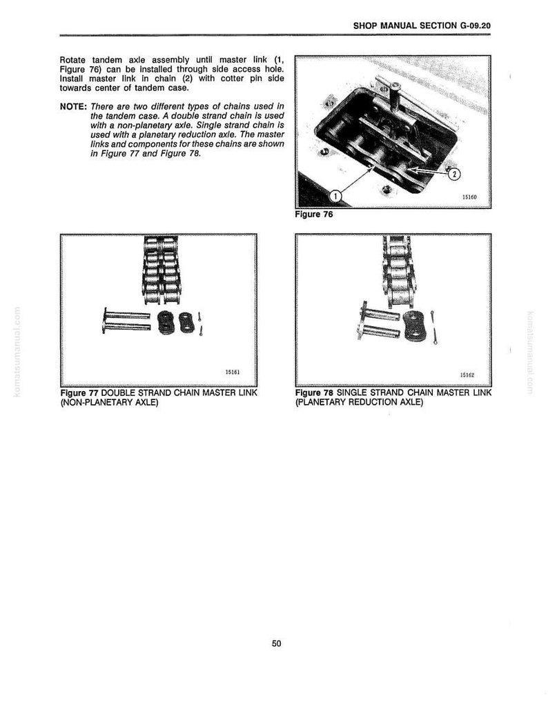 Puede incluir: P&aacute;gina de manual de taller con diagramas de eslabones maestros de cadena y componentes de eje t&aacute;ndem. Incluye las figuras 76, 77 y 78, con texto que describe los tipos de cadena e instrucciones de instalaci&oacute;n. La p&aacute;gina es de kumalsumanual.com.