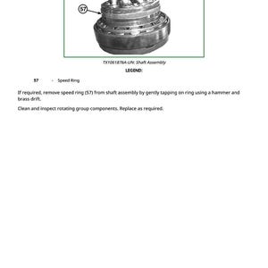 May include: Diagram of a shaft assembly with a speed ring labeled as item 57. The image includes a close-up of the assembly and text indicating the part number TX1061876A-UN. The legend describes the removal and inspection of the speed ring.