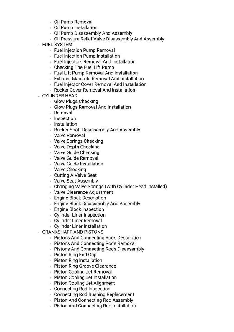 May include: A list of automotive engine repair services, including oil pump, fuel system, cylinder head, and crankshaft and pistons services. The text is in black font on a white background.