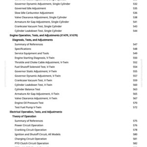May include: A page from a manual with a list of service and adjustment procedures for engines. The text includes topics like "Throttle and Choke Cable Adjustment" and "Cylinder Leakdown Test."