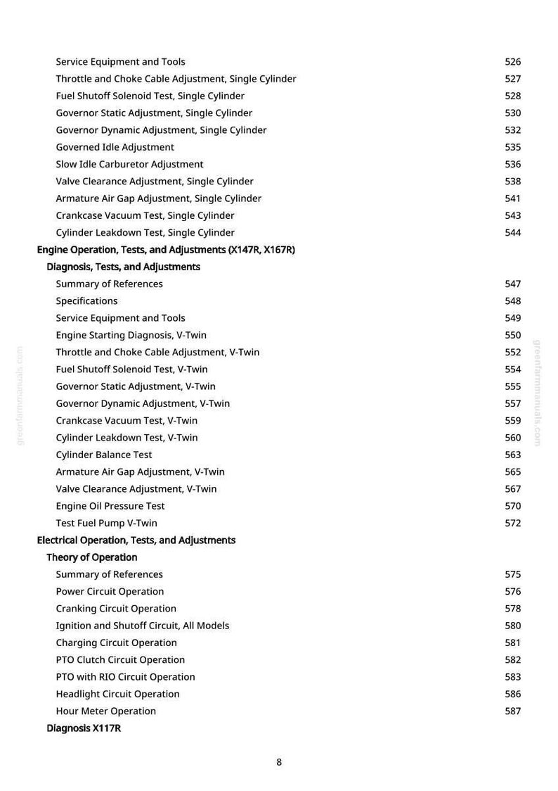 May include: A page from a manual with a list of service and adjustment procedures for engines. The text includes topics like "Throttle and Choke Cable Adjustment" and "Cylinder Leakdown Test."