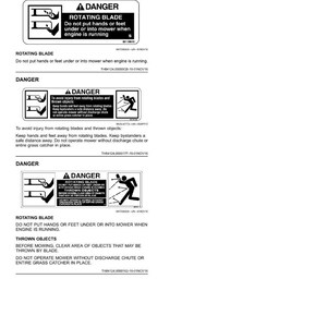 May include: A page of safety labels with text, featuring the word "DANGER" above each label. The labels warn about rotating blades and thrown objects, with illustrations and text instructions for safe operation of a mower.