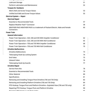 May include: A page from a manual with a table of contents. The text includes sections on electrical repair, power train, driveline malfunctions, and driveline repair. The page number is 3.