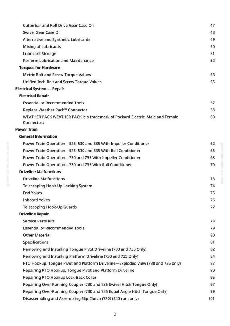 May include: A page from a manual with a table of contents. The text includes sections on electrical repair, power train, driveline malfunctions, and driveline repair. The page number is 3.
