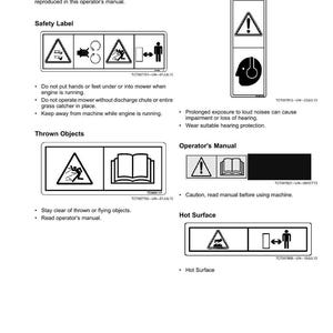 Puede incluir: Una p&aacute;gina del manual del operador que muestra etiquetas de seguridad con s&iacute;mbolos de advertencia. Las etiquetas advierten sobre peligros como ruidos fuertes, objetos arrojados y superficies calientes. El manual tambi&eacute;n proporciona instrucciones de seguridad.