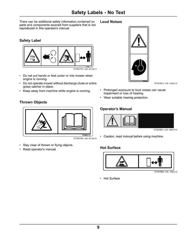 Puede incluir: Una p&aacute;gina del manual del operador que muestra etiquetas de seguridad con s&iacute;mbolos de advertencia. Las etiquetas advierten sobre peligros como ruidos fuertes, objetos arrojados y superficies calientes. El manual tambi&eacute;n proporciona instrucciones de seguridad.