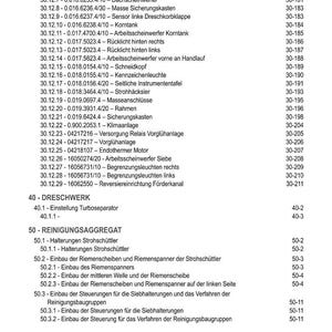 May include: A detailed table of contents in black text on a white background. The document lists various components and their corresponding page numbers, including wiring, sensors, and lighting for agricultural machinery.