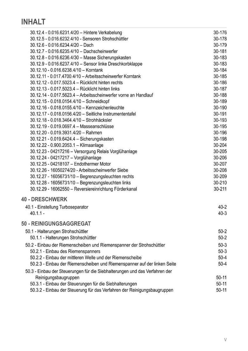 May include: A detailed table of contents in black text on a white background. The document lists various components and their corresponding page numbers, including wiring, sensors, and lighting for agricultural machinery.