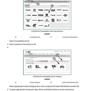 May include: Screenshot of a website interface for the Agricultural Industry Electronics Foundation (AEF) ISOBUS Database. The interface includes a compatibility check feature with options for manufacturer and category selection, and a legend.