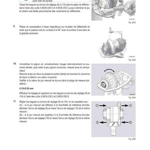 May include: Technical diagram with instructions for differential adjustment. Includes images of the differential and tools, with text in French. The diagram details steps for checking bearings, adjusting rings, and measuring play.
