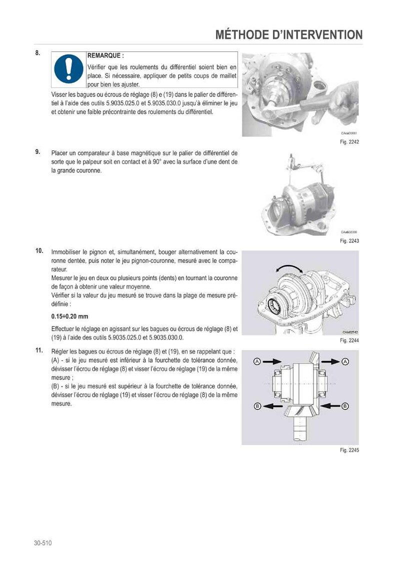 May include: Technical diagram with instructions for differential adjustment. Includes images of the differential and tools, with text in French. The diagram details steps for checking bearings, adjusting rings, and measuring play.
