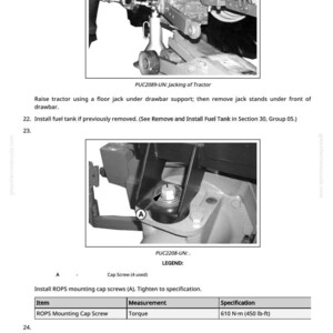 K&ouml;nnte beinhalten: Diagramm mit Traktorwartungsanweisungen. Enth&auml;lt Bilder vom Anheben des Traktors und der Montage von ROPS-Befestigungsschrauben. Der Text enth&auml;lt Drehmomentangaben von 610 N&middot;m.