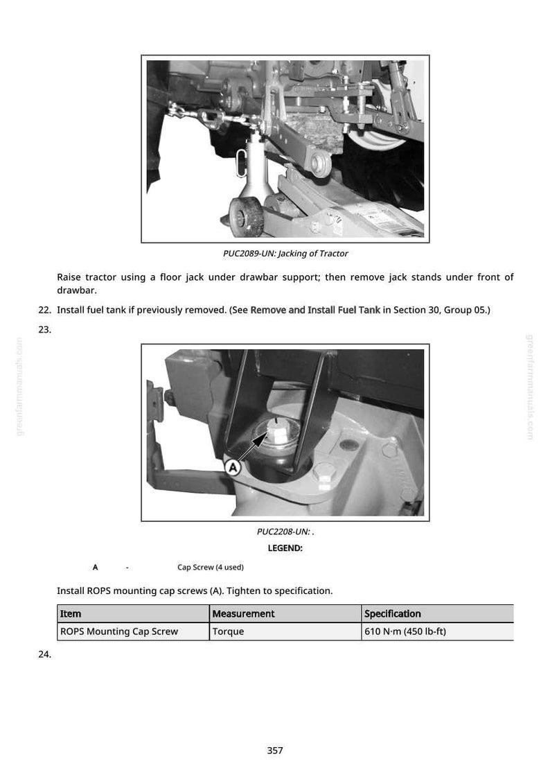 K&ouml;nnte beinhalten: Diagramm mit Traktorwartungsanweisungen. Enth&auml;lt Bilder vom Anheben des Traktors und der Montage von ROPS-Befestigungsschrauben. Der Text enth&auml;lt Drehmomentangaben von 610 N&middot;m.