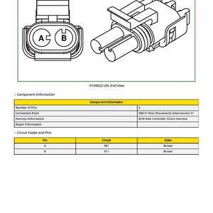 Op de afbeelding: Technische tekening van een elektrische connector, met twee aanzichten: een eindweergave met de aansluitingen A en B en een isometrische weergave. Het diagram bevat componentinformatie en circuitcodes, met bruine draden.