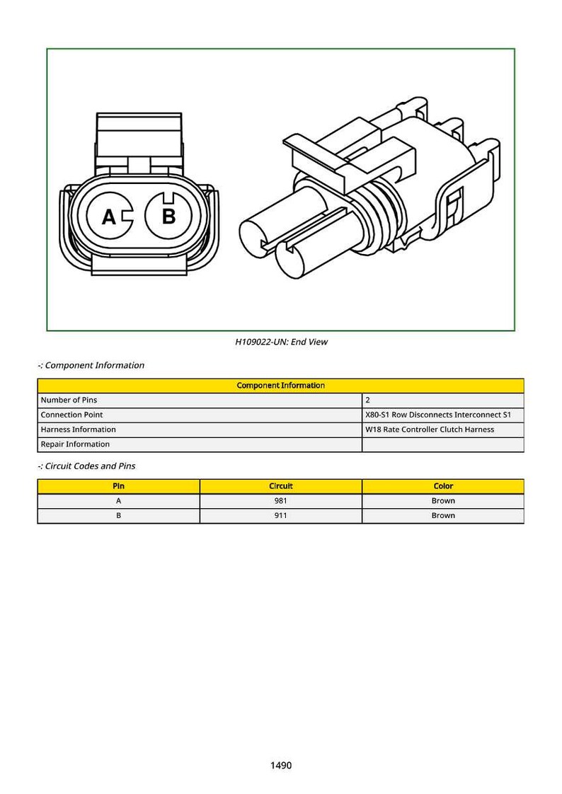 Op de afbeelding: Technische tekening van een elektrische connector, met twee aanzichten: een eindweergave met de aansluitingen A en B en een isometrische weergave. Het diagram bevat componentinformatie en circuitcodes, met bruine draden.