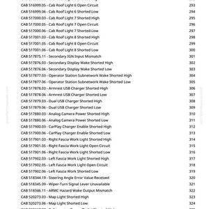 K&ouml;nnte beinhalten: Eine Liste von Fehlercodes f&uuml;r die Fahrzeugdiagnose, einschlie&szlig;lich Beschreibungen wie "Cab Roof Light 5 Shorted High" und "Secondary IGN Input Mismatch". Die Codes sind mit Seitenzahlen versehen.