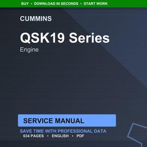 以下が含まれることがあります： Cummins QSK19シリーズエンジンのデジタルサービスマニュアル。表紙にはCumminsのロゴと「QSK19 Series Engine」の文字が記載されています。マニュアルは「サービスマニュアル」と表示され、ページ数、言語、ファイルタイプが含まれています。